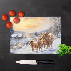Family Of Highland Cows Glass Chopping Board