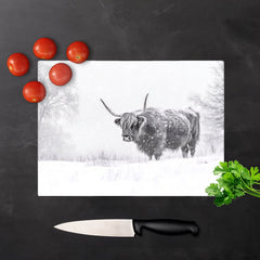 Snowy Black And White Highland Cow Glass Chopping Board