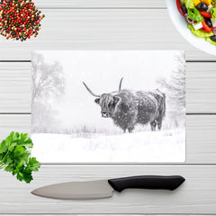 Snowy Black And White Highland Cow Glass Chopping Board