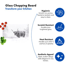 Snowy Black And White Highland Cow Glass Chopping Board