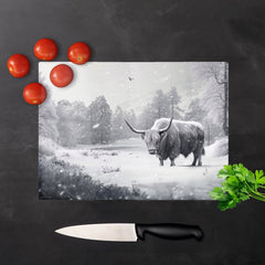 Snow Storm Highland Cow Glass Chopping Board