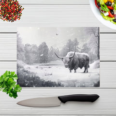 Snow Storm Highland Cow Glass Chopping Board