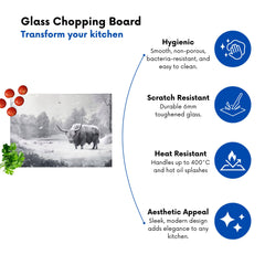 Snow Storm Highland Cow Glass Chopping Board