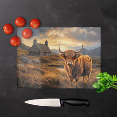 Highland Cow And A Cottage Glass Chopping Board