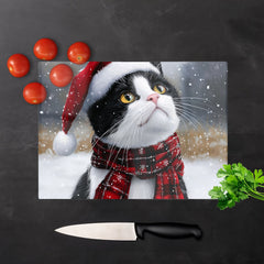 Snowy Christmas Black Cat Glass Chopping Board