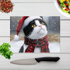 Snowy Christmas Black Cat Glass Chopping Board
