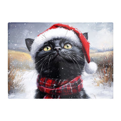 Black Snowy Christmas Cat Glass Chopping Board