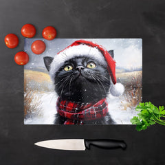Black Snowy Christmas Cat Glass Chopping Board