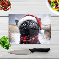 Black Snowy Christmas Cat Glass Chopping Board