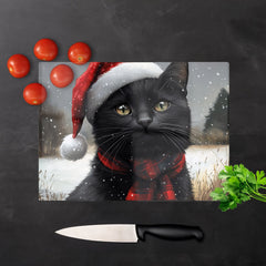 Black Christmas Cat Glass Chopping Board