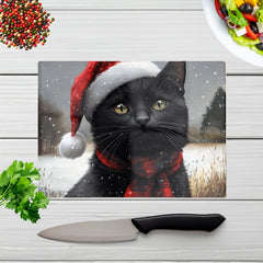 Black Christmas Cat Glass Chopping Board