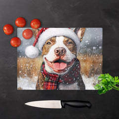 Snowy Christmas English Bull Terrier Glass Chopping Board