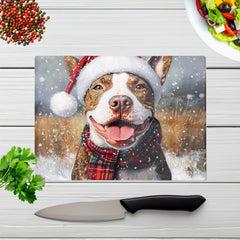 Snowy Christmas English Bull Terrier Glass Chopping Board