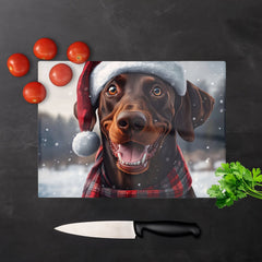Snowy Christmas Brown Doberman Glass Chopping Board