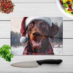 Snowy Christmas Brown Doberman Glass Chopping Board