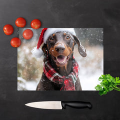 Snowy Christmas Brown Doberman Dog Glass Chopping Board