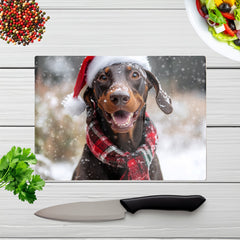 Snowy Christmas Brown Doberman Dog Glass Chopping Board