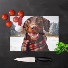Christmas Brown Doberman Glass Chopping Board