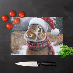 Snowy Christmas Brown Rabbit Glass Chopping Board