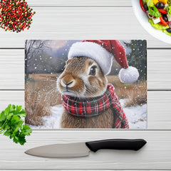 Snowy Christmas Brown Rabbit Glass Chopping Board