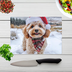 Snowy Christmas Cavapoo Glass Chopping Board