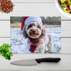 Snowy Christmas Cockapoo Glass Chopping Board