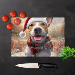 Snowy Christmas English Bull Terrier Dog Glass Chopping Board