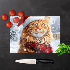 Christmas Ginger Maine Coon Glass Chopping Board