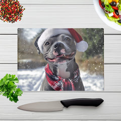 Snowy Christmas Staffordshire Bull Terrier Dog Glass Chopping Board