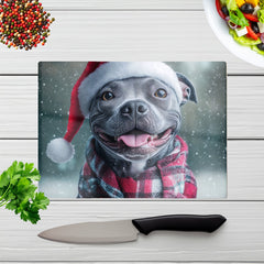 Christmas Staffiordsire Bull Terrier Glass Chopping Board