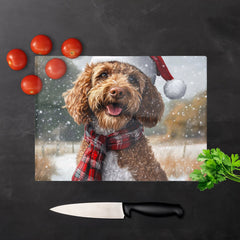 Snowy Christmas Labradoodle Glass Chopping Board