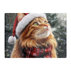 Snowy Christmas Ginger Cat Glass Chopping Board