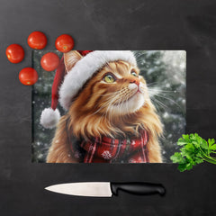 Snowy Christmas Ginger Cat Glass Chopping Board