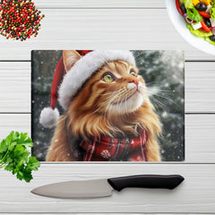Snowy Christmas Ginger Cat Glass Chopping Board