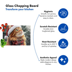 Snowy Christmas Ginger Cat Glass Chopping Board