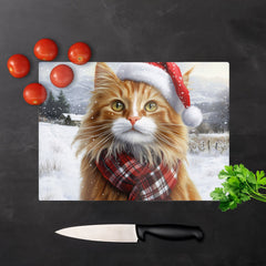 Christmas Ginger Cat Glass Chopping Board