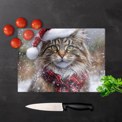 Snowy Christmas Maine Coon Cat Glass Chopping Board