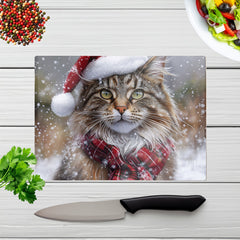 Snowy Christmas Maine Coon Cat Glass Chopping Board
