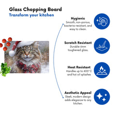 Snowy Christmas Maine Coon Cat Glass Chopping Board