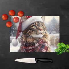 Christmas Maine Coon Glass Chopping Board