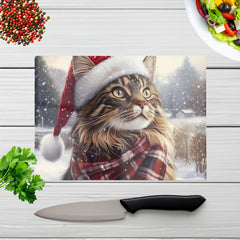 Christmas Maine Coon Glass Chopping Board