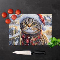 Christmas Scottish Fold Cat Glass Chopping Board