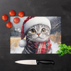 Snowy Christmas Scottish Fold Cat Glass Chopping Board