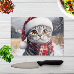 Snowy Christmas Scottish Fold Cat Glass Chopping Board
