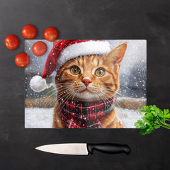 Christmas Ginger Shorthair Cat Glass Chopping Board