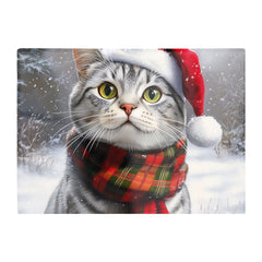 Snowy Christmas Silver Tabby Glass Chopping Board