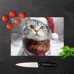 Snowy Christmas Silver Tabby Glass Chopping Board