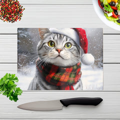 Snowy Christmas Silver Tabby Glass Chopping Board