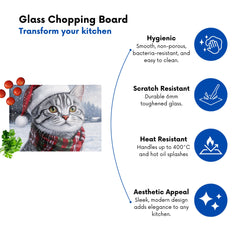 Christmas Silver Tabby Glass Chopping Board