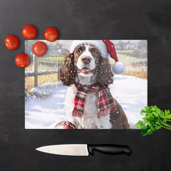 Christmas Springer Spaniel Dog Glass Chopping Board